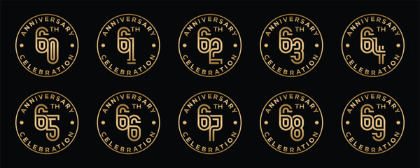 creative anniversary logo design collection number 60 to 69 in gold circle and black background. abstract number design vector illustration