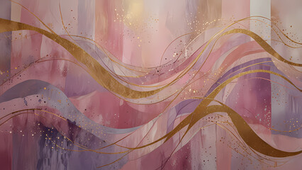 An abstract composition of intertwined curves and waves in pastel pink and lavender hues, with subtle golden accents