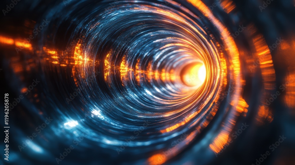 Poster dark abstract vortex with spiraling light trails and contrasting shadows, creating an illusion of de