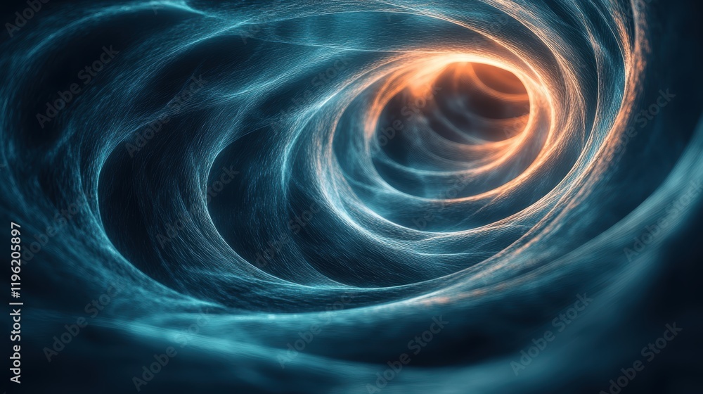 Poster dark abstract vortex with spiraling light trails and contrasting shadows, creating an illusion of de