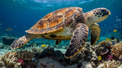 Obraz premium Quiet Depths: A Loggerhead Turtle’s Refuge Beneath the Waves