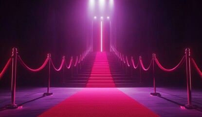 Red Carpet Entrance: Steps to Success, Glowing Lights Illuminate the Path Ahead,  Awaiting a Grand Arrival