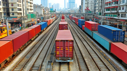 Naklejka premium Cargo Train on Railway Tracks in City, urban, cityscape, containers, shipping, logistics