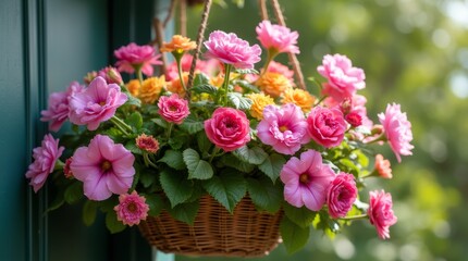 Fototapeta premium A beautifully arranged hanging flower basket filled with vibrant blooms, creating a charming and colorful display that adds a touch of elegance to any outdoor space
