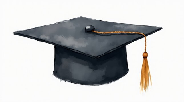 A beautiful watercolor depiction of a single black graduation cap, featuring fluid brushwork and a refined aesthetic, ideal for themes of education and success. 