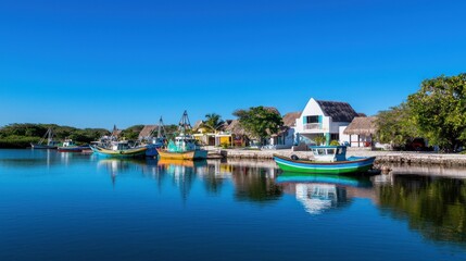 Obraz premium Scenic waterfront with colorful boats and clear blue skies.