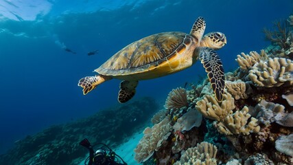 Tranquil Meeting: A Loggerhead Turtle and Diver Beneath the Waves