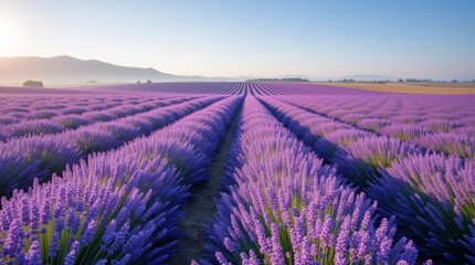 Obraz premium A breathtaking lavender field in full bloom, showcasing endless rows of vibrant purple flowers swaying gently in the breeze, creating a serene and aromatic landscape.