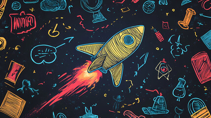 Rocket blasts off surrounded by colorful doodles on a back-to-school themed landing page template, invitation, website, doodles. Blazetide. Illustration