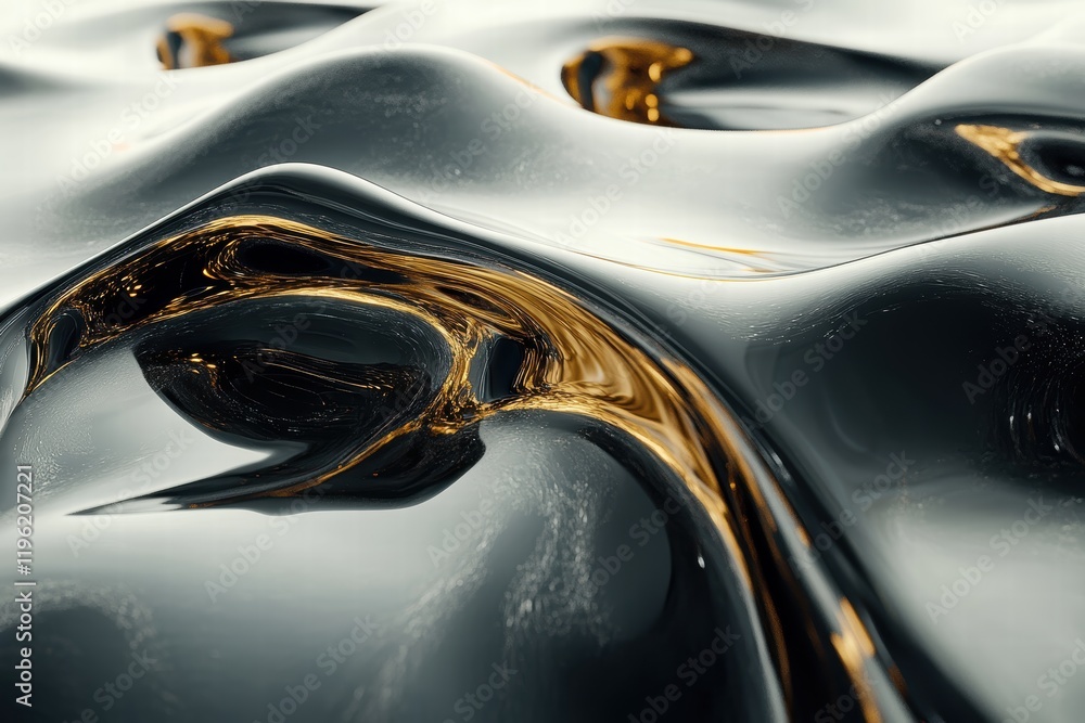 Poster dark liquid patterns with flowing black and gold tones, creating abstract organic forms with a gloss