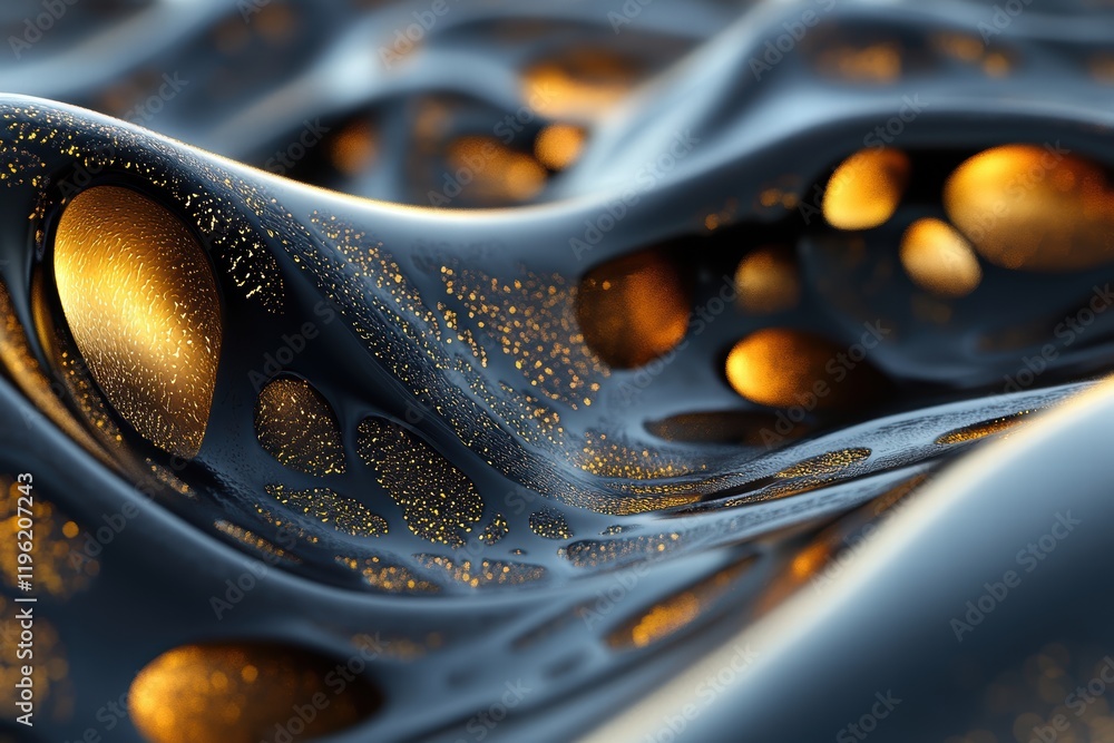 Poster dark liquid patterns with flowing black and gold tones, creating abstract organic forms with a gloss