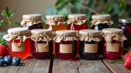 A charming display of homemade jam jars lined up on a rustic wooden table, showcasing a variety of colorful jams, including strawberry, raspberry, and blueberry