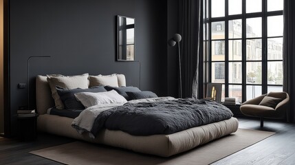 Dark minimalist bedroom with an oversized bed, deep tones of gray and black, and a modern touch. A tall floor lamp adds subtle light to the space.