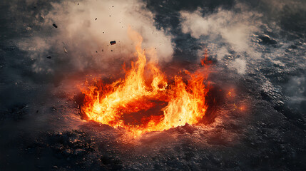 Smoke and flames billow from a crater in the ground after an earthquake, dust, debris. Blazetide. Illustration