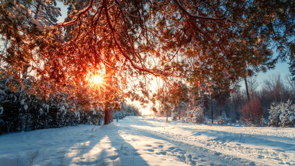 Winter landscape. Winter forest in sunny frosty day.
