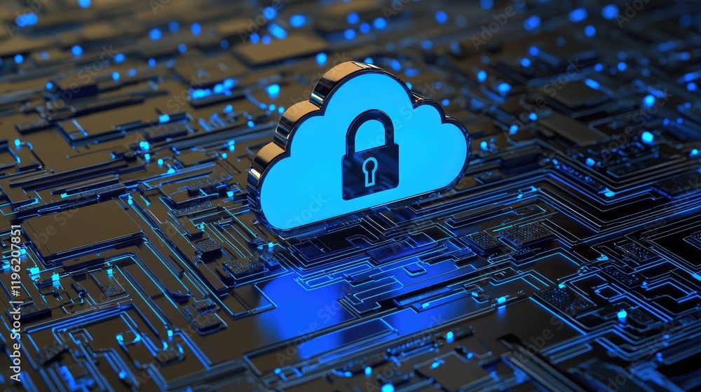 Poster A glowing blue cloud icon with a padlock on a dark circuit board surface, symbolizing secure cloud computing and data protection. Ideal for technology-related designs and cybersecurity concepts