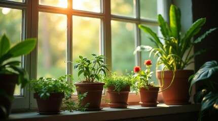 Fototapeta premium A close-up of a window adorned with potted plants, showcasing the vibrant greenery that brings life to the indoor space.