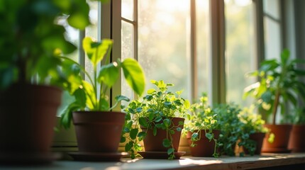 A close-up of a window adorned with potted plants, showcasing the vibrant greenery that brings life to the indoor space.
