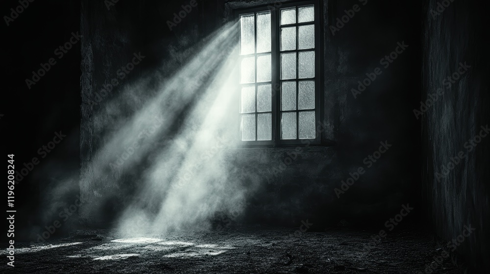 Poster dark room with a single open window, letting in a faint beam of light that cuts through the dust-fil