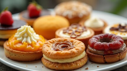 A close-up view of a pastry platter showcasing a variety of sweet pastries, highlighting their textures and colors, ideal for enticing dessert lovers and food enthusiasts