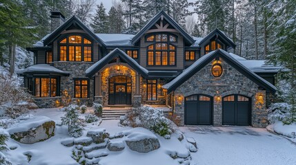 Luxury Stone Mansion in Winter Wonderland