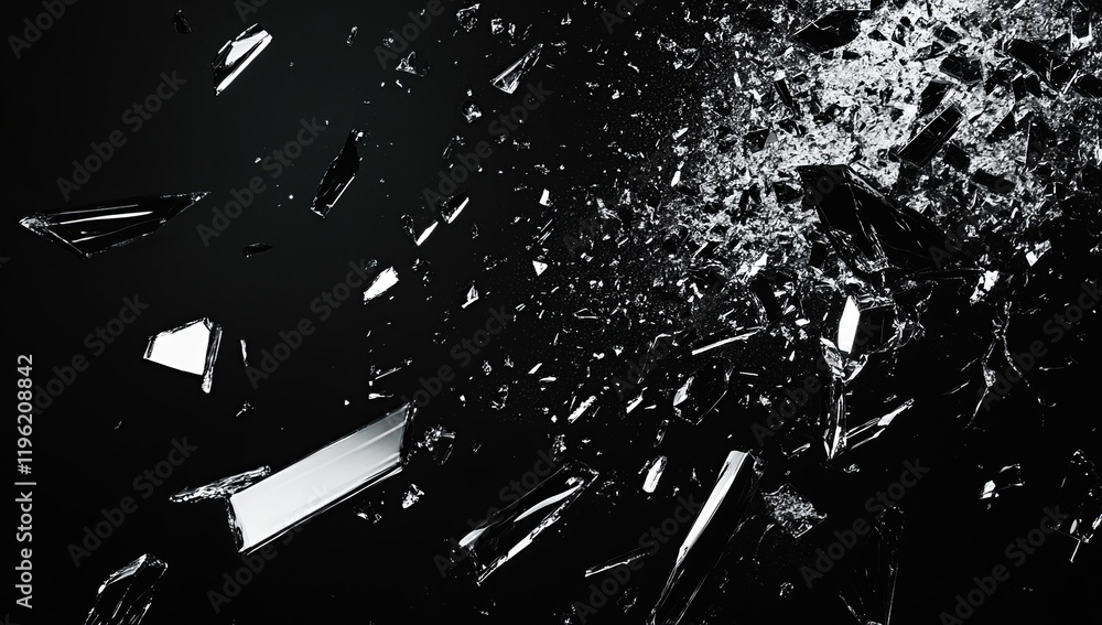 Poster shattered glass fragments explode dynamically across black background: a visual study of destruction