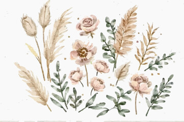 Vector flowers and leaves  dried anemone  wedding roses  pampas grass  eucalyptus greenery