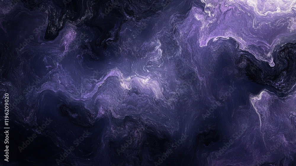 Poster dark, swirling abstract patterns, with fluid lines and smooth gradients in deep shades of black and 