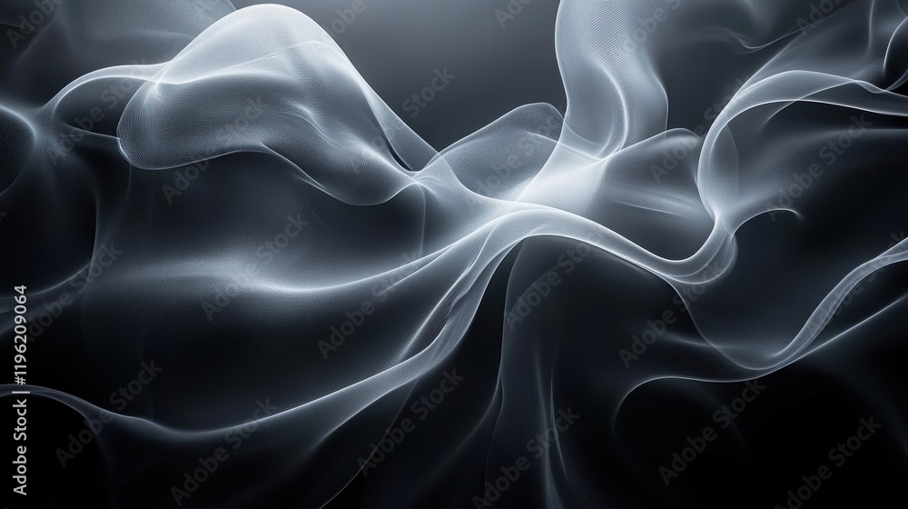 Poster dark swirling smoke patterns with abstract shapes and shadows, giving a sense of fluidity and dynami
