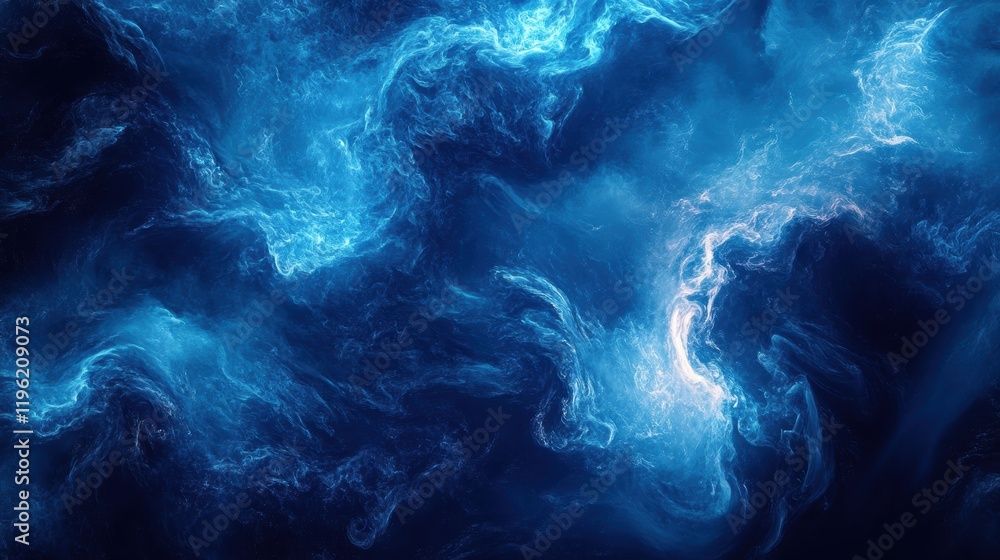 Poster dark swirling smoke patterns with abstract shapes and shadows, giving a sense of fluidity and dynami