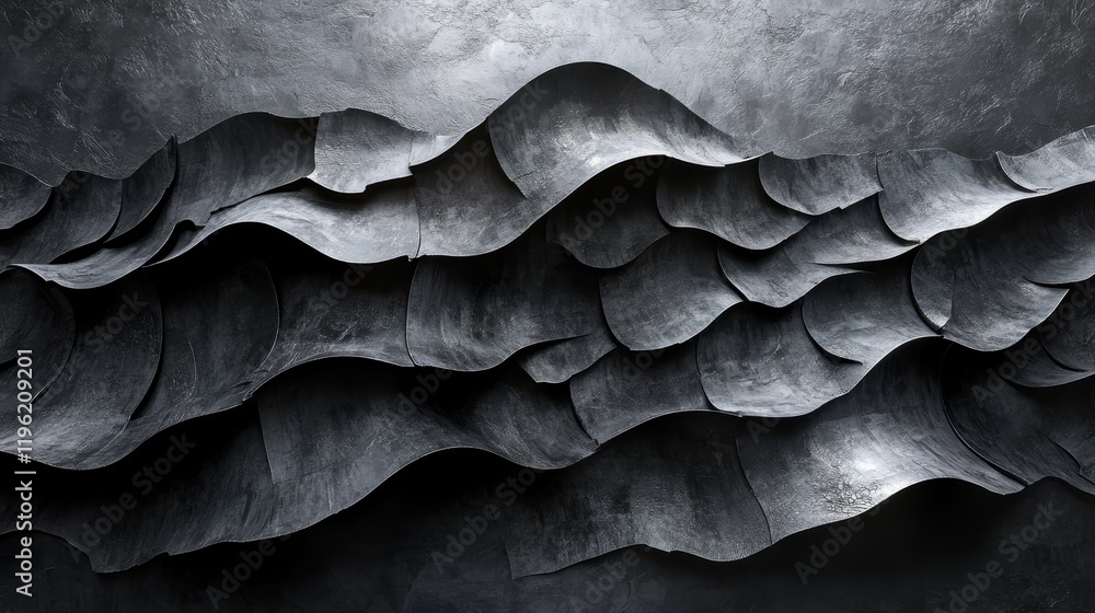 Poster dark textured waves in shades of black and charcoal, evoking a sense of motion and depth with light 