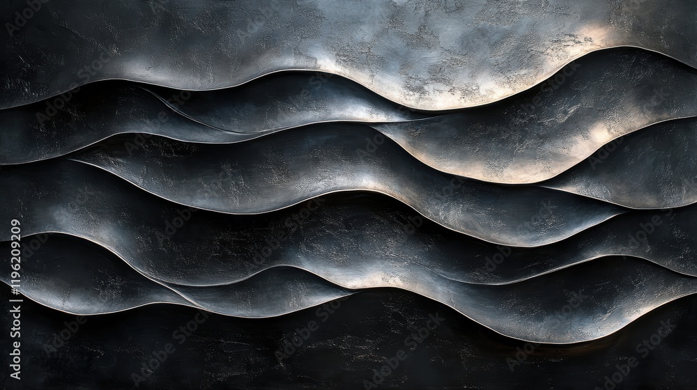 Poster dark textured waves in shades of black and charcoal, evoking a sense of motion and depth with light 