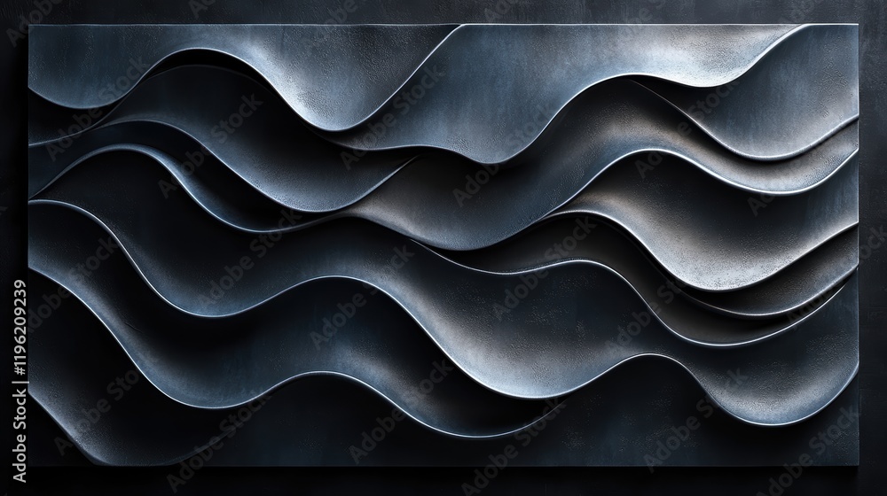 Poster dark textured waves in shades of black and charcoal, evoking a sense of motion and depth with light 