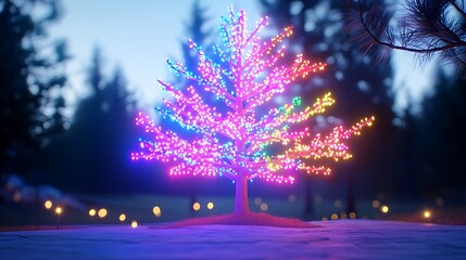 Naklejka premium Luminous Tree in Snowy Forest at Night