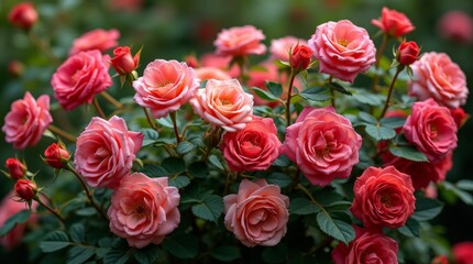 Fototapeta premium A lush rose bush in full bloom, showcasing an array of vibrant roses in various colors, creating a beautiful and fragrant garden scene perfect for floral enthusiasts.