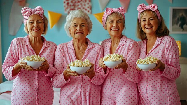 Senior ladies hosting a pyjama party at home while wearing pink pyjamas