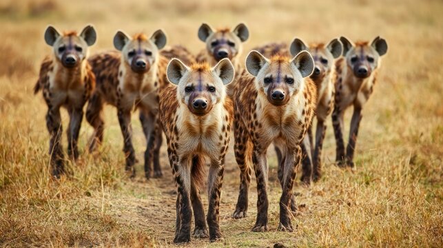 Fototapeta A pack of hyenas scavenging in the African wilderness.