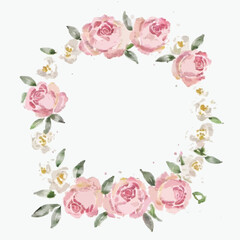 Obraz premium Set of rose flower watercolor frame wreath design pink and white bouquet flower design vector.