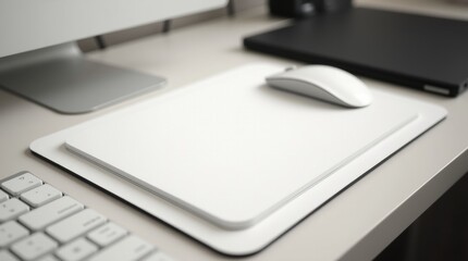 A white mouse pad mockup on an office desk 