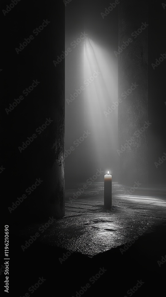 Poster Flickering candle in a dark space, with its soft light creating deep shadows on the surrounding surfaces, evoking a warm yet mysterious atmosphere.