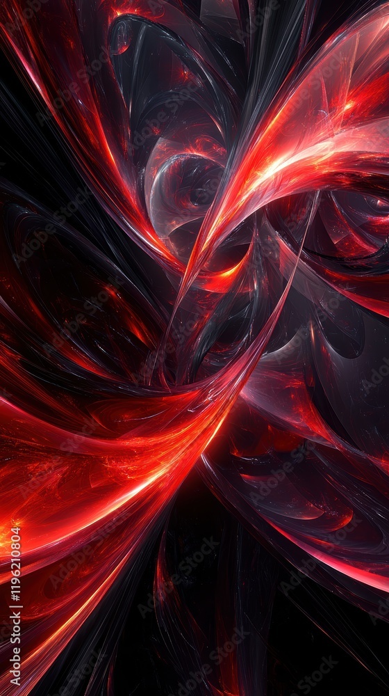 Poster fluid abstract shapes in dark tones of red and black with glowing edges, creating a sense of energy 