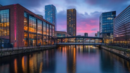 Manchester Cityscape at Twilight: Modern Architecture and Reflections