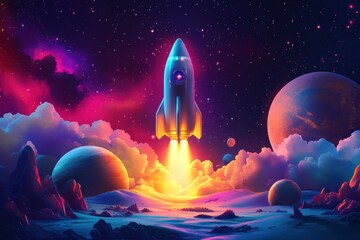 Naklejka premium Futuristic digital art with spaceships, planets, and glowing stars, capturing the essence of space exploration.
