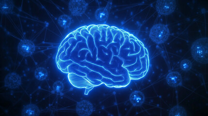 Futuristic Brain Highlighted with Neon Blue and Neural Links