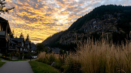 Fototapeta premium A beautiful sunset over a mountain range with a path leading to a house. generated by AI