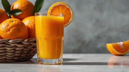 Naklejka premium A close-up of a glass of fresh orange juice, showcasing its vibrant color and texture, with oranges in the background, ideal for promoting healthy beverages and summer vibes