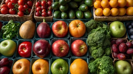 A close-up view of a fresh produce stand showcasing an assortment of organic fruits and vegetables
