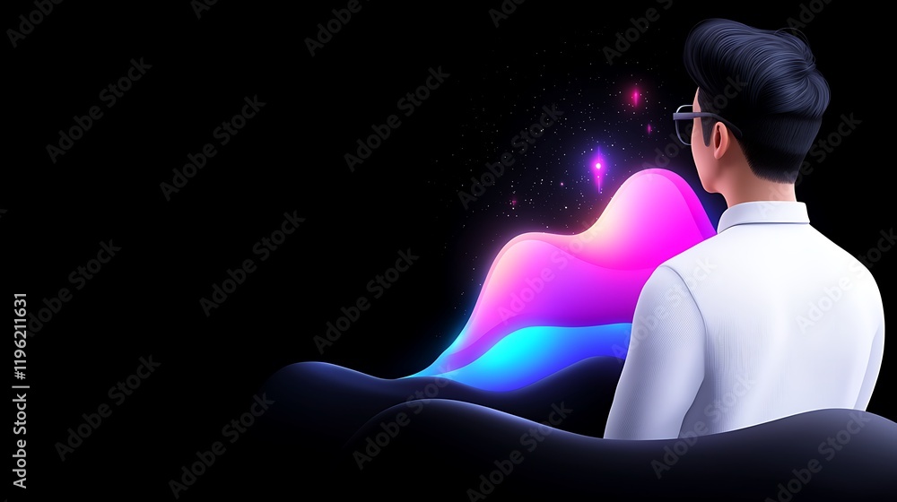 Poster man contemplating abstract digital wave