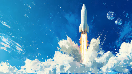 Fototapeta premium Rocket blasts off on a bright blue canvas symbolizing business launch and striving for entrepreneurial success every Blazetide. Illustration