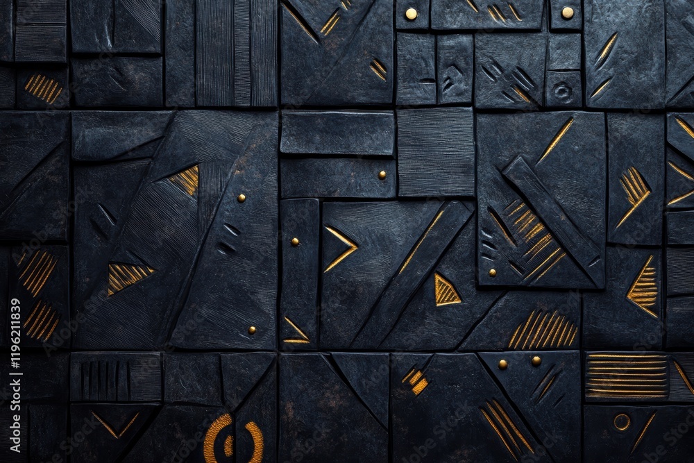 Poster intricate dark tribal patterns, with sharp lines and geometric shapes, set against a black backgroun